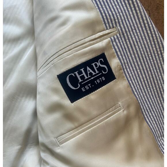 Vintage CHAPS Seersucker Blazer Mens 46R Blue White Stripe Summer Jacket NWT - Picture 4 of 7